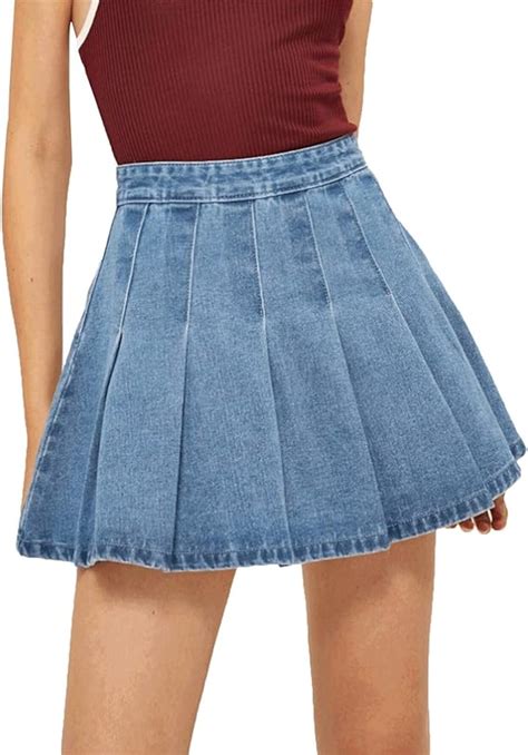 Viloong Women S High Waist Mini Skirt Flared Pleated Denim Jean Short