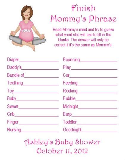 Also, these baby milestone monthly printables are adorable for photographing a baby's age. Baby Shower Games Finish Mommy sentences - Baby Shower ...