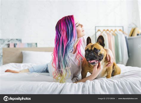 Girl Colorful Hair Petting Cute French Bulldog Looking Away While
