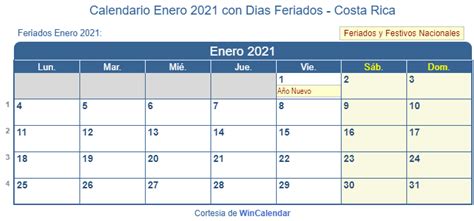 Calendario Enero 2021 Para Imprimir Costa Rica