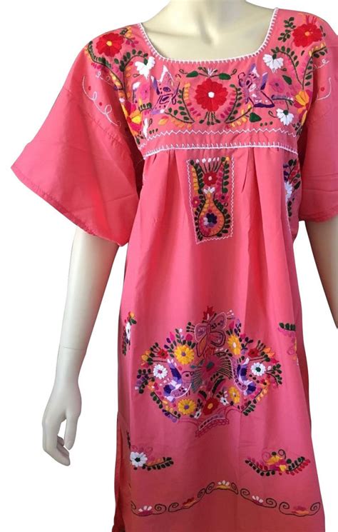 Coral Peasant Embroidered Mexican Dress Meximart