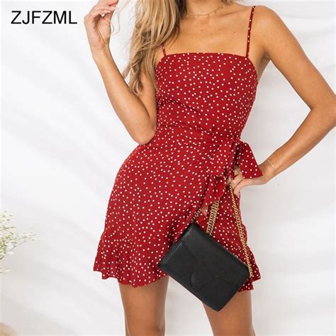 Zjfzml Streetwear Sexy Summer Mini Bodycon Dress Women Spaghetti Strap Backless Polka Dots Dress