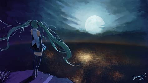 Anime Character Series Beautiful Girl Vocaloid Moon Sky Alone Wallpaper 1920x1080 815910