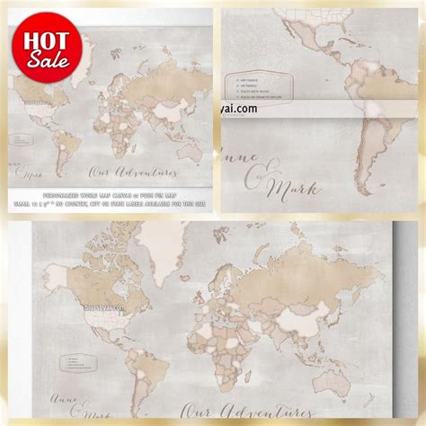 Small Customized Rustic World Map Canvas Print Or Push Pin Map 12x9