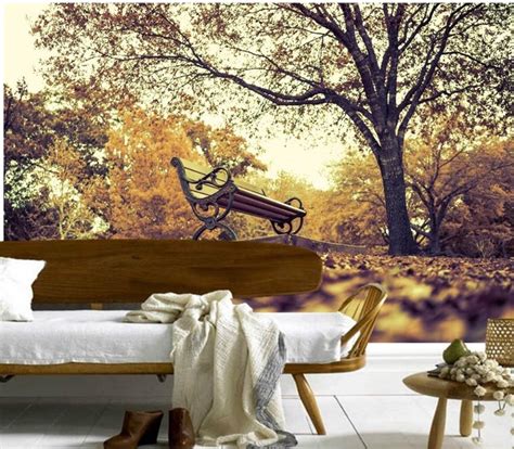 Custom 3d Muralsparks Autumn Bench Trees Nature Papel De Paredehotel