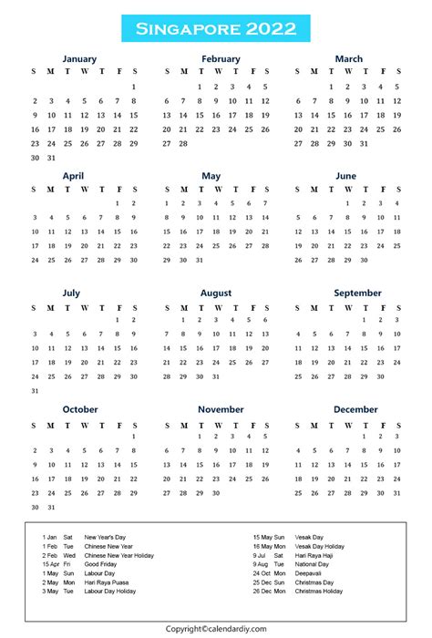 2021 Singapore Calendar With Holidays Printable