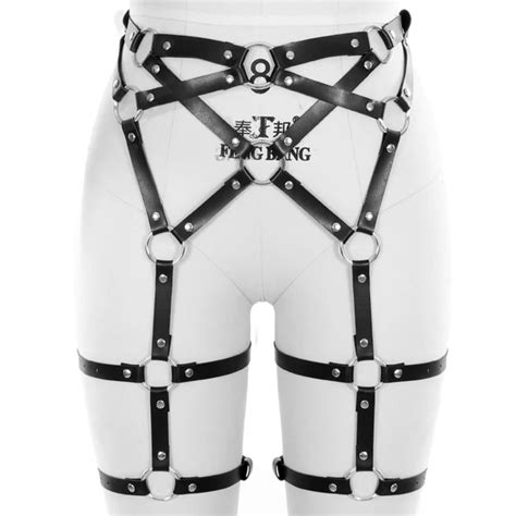 black body cage pu leather harness garter belt leg stockings suspenders thigh high waist bondage