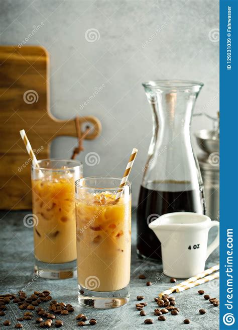 Cold Brew Iced Coffee In Tall Glasses Stock Image Image Of Food