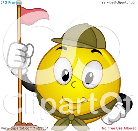 Clipart Of A Cartoon Yellow Emoji Smiley Face Scout With A Flag