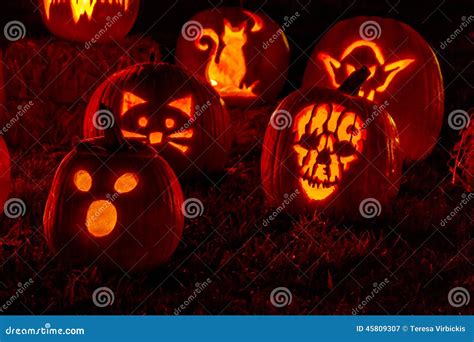 Lighted Halloween Pumpkins With Candles Stock Image Image Of Leaves