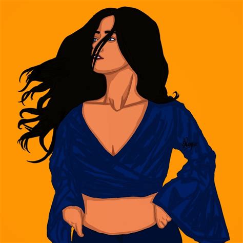 A Drawing Of A Woman With Her Hair Blowing In The Wind Wearing A Blue Top