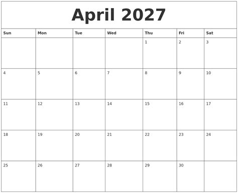 April 2027 Free Monthly Calendar Template
