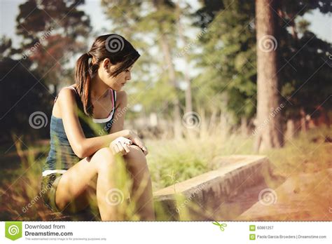 Girl Alone Thinking In A Park Stock Image Image Of Hispanic Face