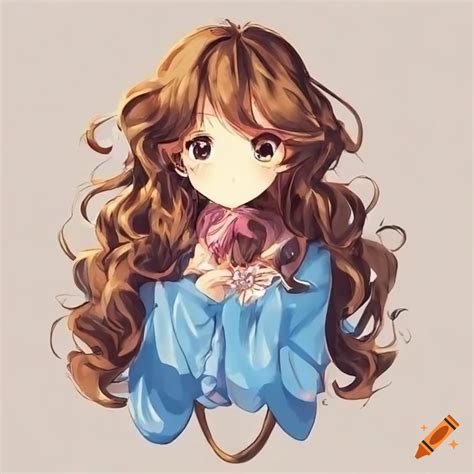 A Cute Anime Girl With Curly Brown Hair And Blue Clothing And Brown