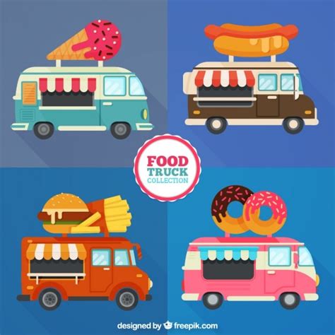 Different Food Trucks In Flat Design Vector Free Download