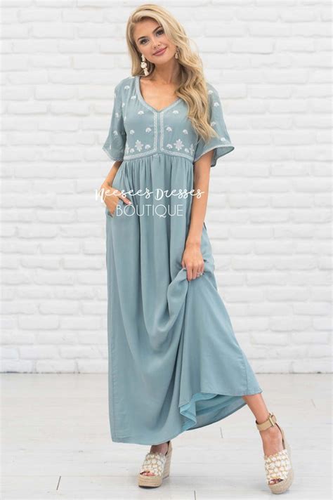 Dusty Blue Embroidered Modest Maxi Dress Best Place To Buy Modest Dress Online Modest