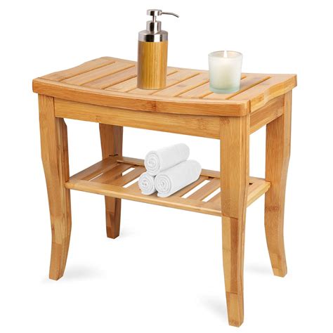 Buy Hossejoy Bamboo Shower Bench With Shelf Wooden Bathroom Seat Stool Wood Bath Spa Bathroom