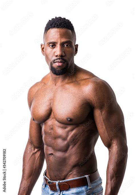 African American Bodybuilder Man Naked Muscular Torso Wearing Jeans