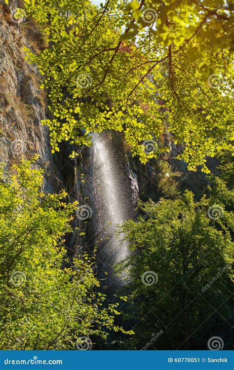 Waterfall In Autumn Forest Falling Splashes Water On The Backgr Stock