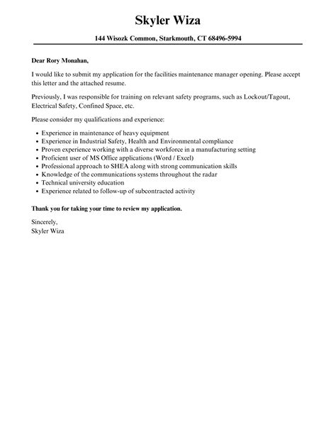 Facilities Maintenance Manager Cover Letter | Velvet Jobs