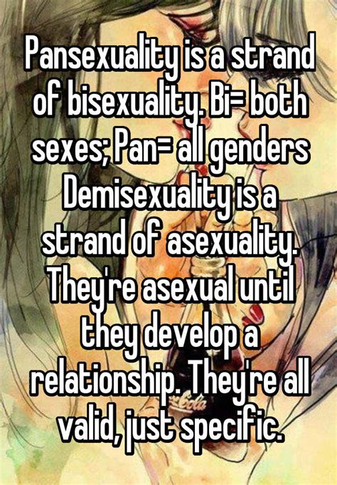 Pansexuality Is A Strand Of Bisexuality Bi Both Sexes Pan All Genders Demisexuality Is A