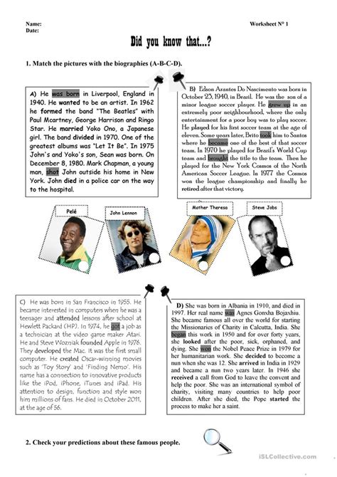 Biographies Of Famous People Worksheet Free Esl Printable Printable