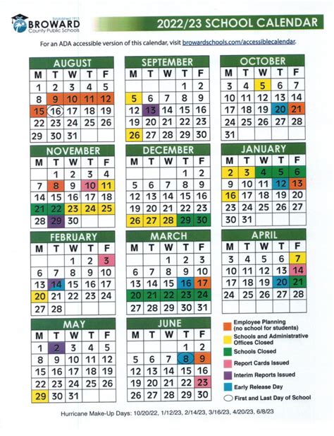 2022 2023 Broward County Public Schools Calendar Color Image