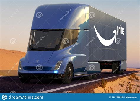 Lucas is the world's biggest fan of amazon prime trucks. Tesla Semi Truck With A Semi-trailer With The Amazon Prime Logo Editorial Stock Photo - Image of ...