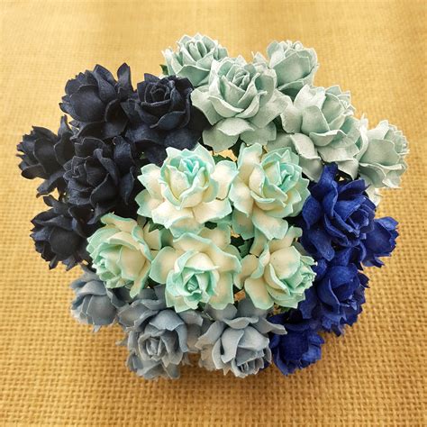 50 Mixed Blue Tone Mulberry Paper Cottage Roses 5 Color Saa 081