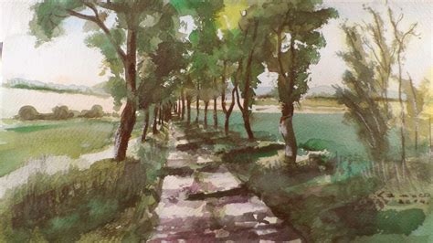 Watercolour Painting Road With Trees Landscape By