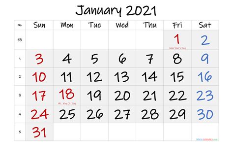 Free Printable January 2021 Calendar With Holidays 6 Templates
