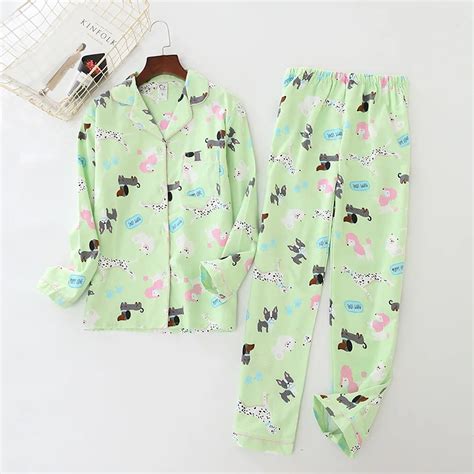 Cute Print Green Dog Women Pajamas 2018 Brushed Cotton Pijama Long