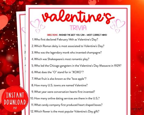 Valentines Day Trivia Game Valentine Printable Games Etsy