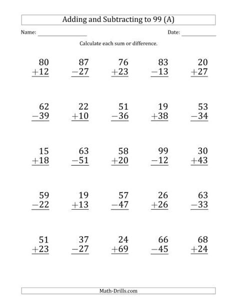 Large Print Adding And Subtracting 2 Digit Numbers With Sums And
