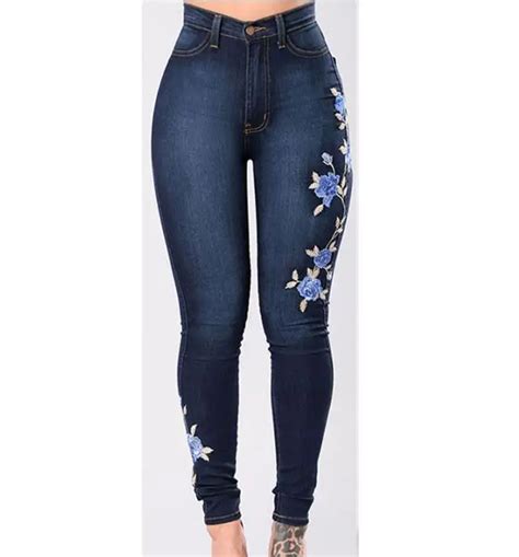 Embroidery Jeans Women Skinny Ripped Pants High Waist Stretch Jeans Slim Pencil Pants Denim Long