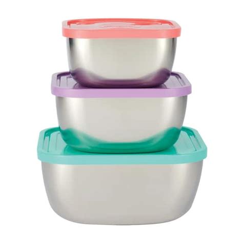 tramontina 3 pc stainless steel covered square container set multi color lids 80204 018ds