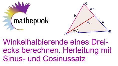 Die winkelhalbierende teilt einen winkel genau in zwei gleichgroße winkel , zeichenerisch zu lösen mit demzirkel. Winkelhalbierende eines Dreiecks berechnen. Herleitung mit ...