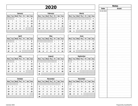 Monday To Sunday Calendar 2020 Yearly