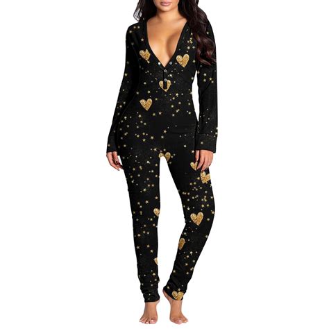 Womens Sexy Onesie Pajamas Jumpsuits Butt Flap Functional Bodysuit Valentines Day Love Print