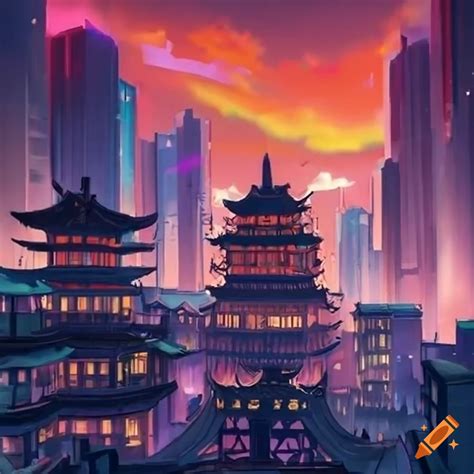 Anime Style Cityscape With Chinese Inspired Architecture On Craiyon