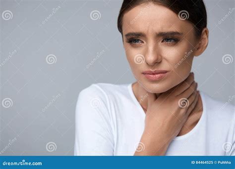 Sore Throat Sick Woman Suffering From Pain Painful Swallowing Stock
