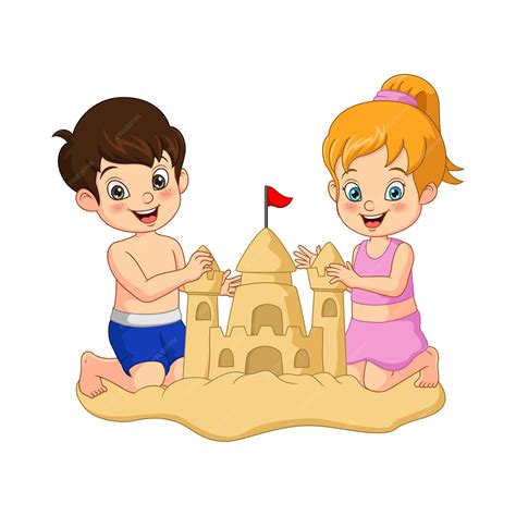 Premium Vector Cartoon Boy And Girl Making Sand Castles On A Beach