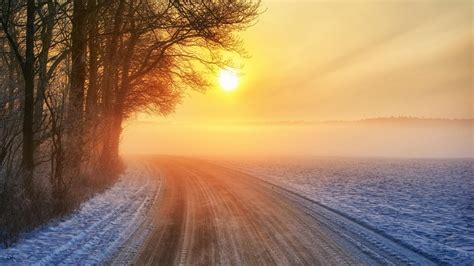 Sunrise On A Wintry Countryside Road Wallpaper Nature And Landscape