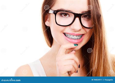 Happy Nerdy Teenage With Brace Wearing Eyeglasses Stock Image Image