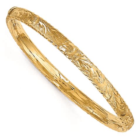 Diamond Cut Hinged Floral Bangle Bracelet 14k Yellow Gold Q367