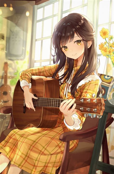 Wallpaper Anime Girl Playing Guitar Instrument Music Cute Brown