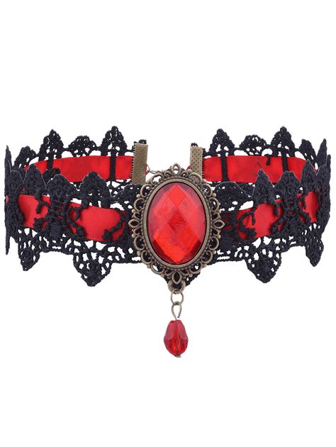 2018 Gothic Faux Gem Oval Lace Choker Necklace Red In Necklaces Online