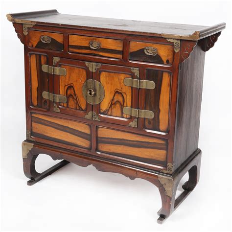 Lot Antique Korean Tansu Tea Chest On Stand With Exotic Persimmon