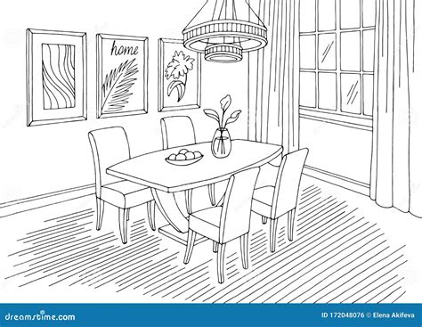 Dining Room Home Interior Graphic Black White Sketch Illustration