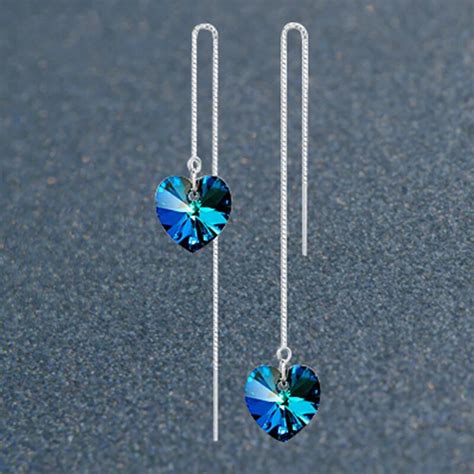 Sterling Silver Blue Heart Crystal Drop Earrings Women Fashion